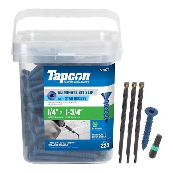 1/4-inch x 1-3/4-inch Climaseal Blue Flat Head T30 Concrete Screw Anchors With Drill Bit, 225PK